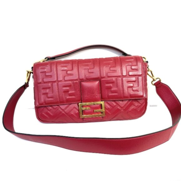 Fendi Zucca Embossed Baguette Red Calf Leather Satchel - Picture 1 of 8